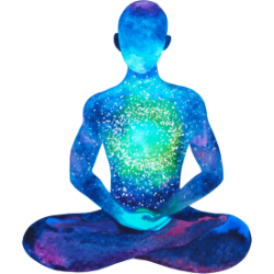 Iridescent blue Buddha sitting cross-legged