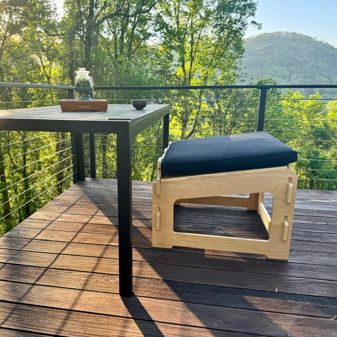 Higher Ground Chair with black cushion on the deck with the blue ridge mountains in the background