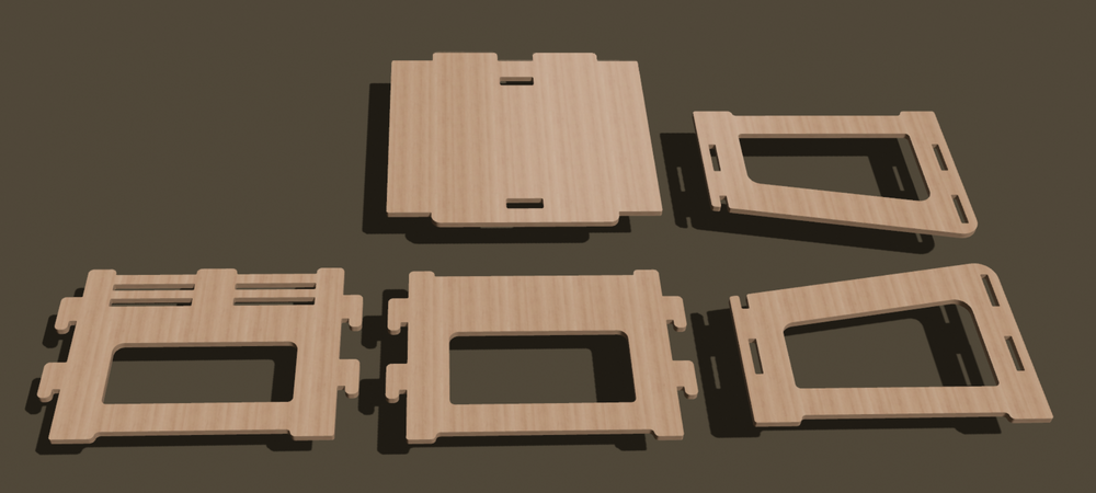 Five wooden pieces of the Higher Ground Chair in a 3d CAD rendering